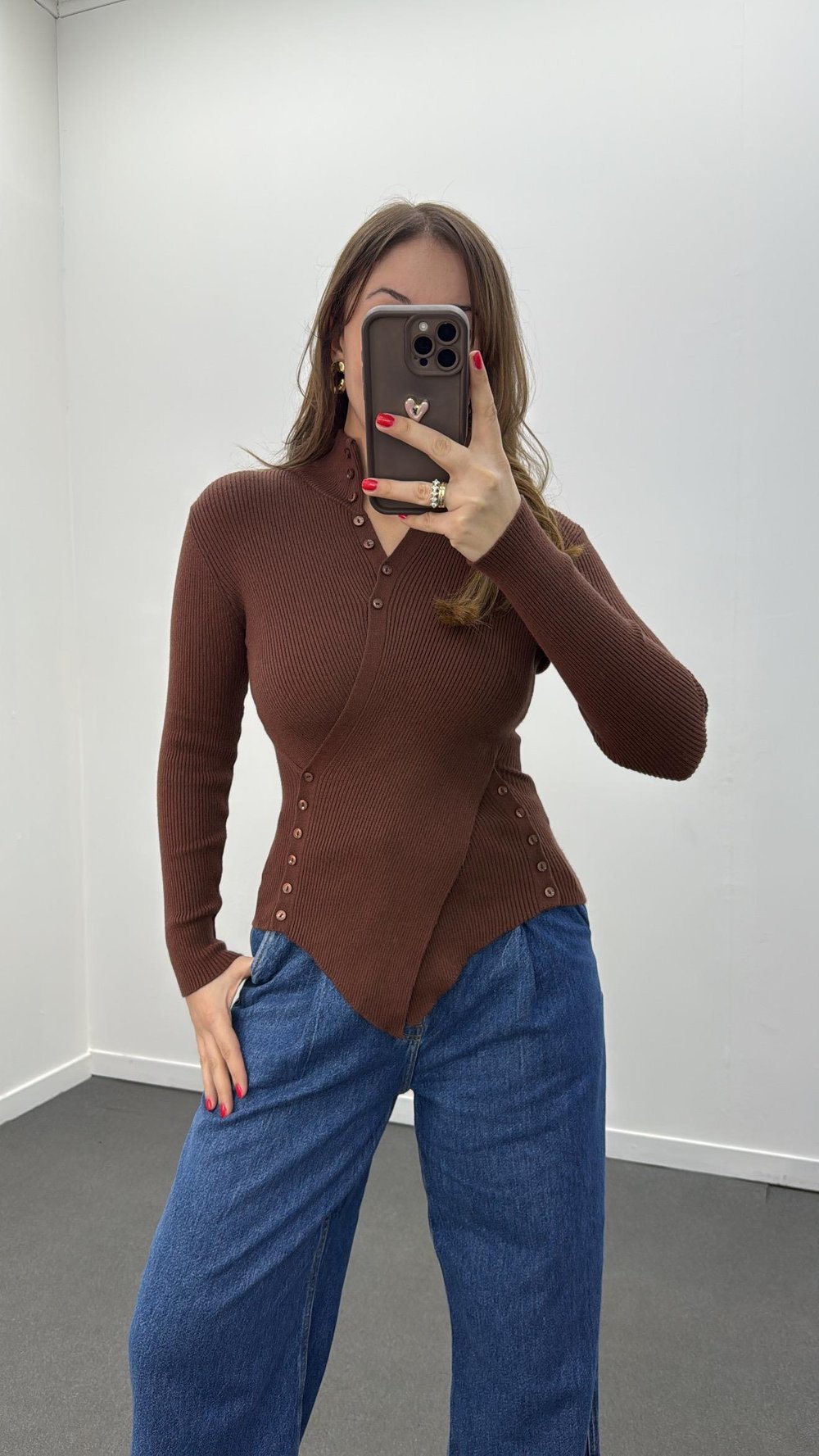 Gabriela Çikolata Kahve Kruvaze Full Düğmeli Triko