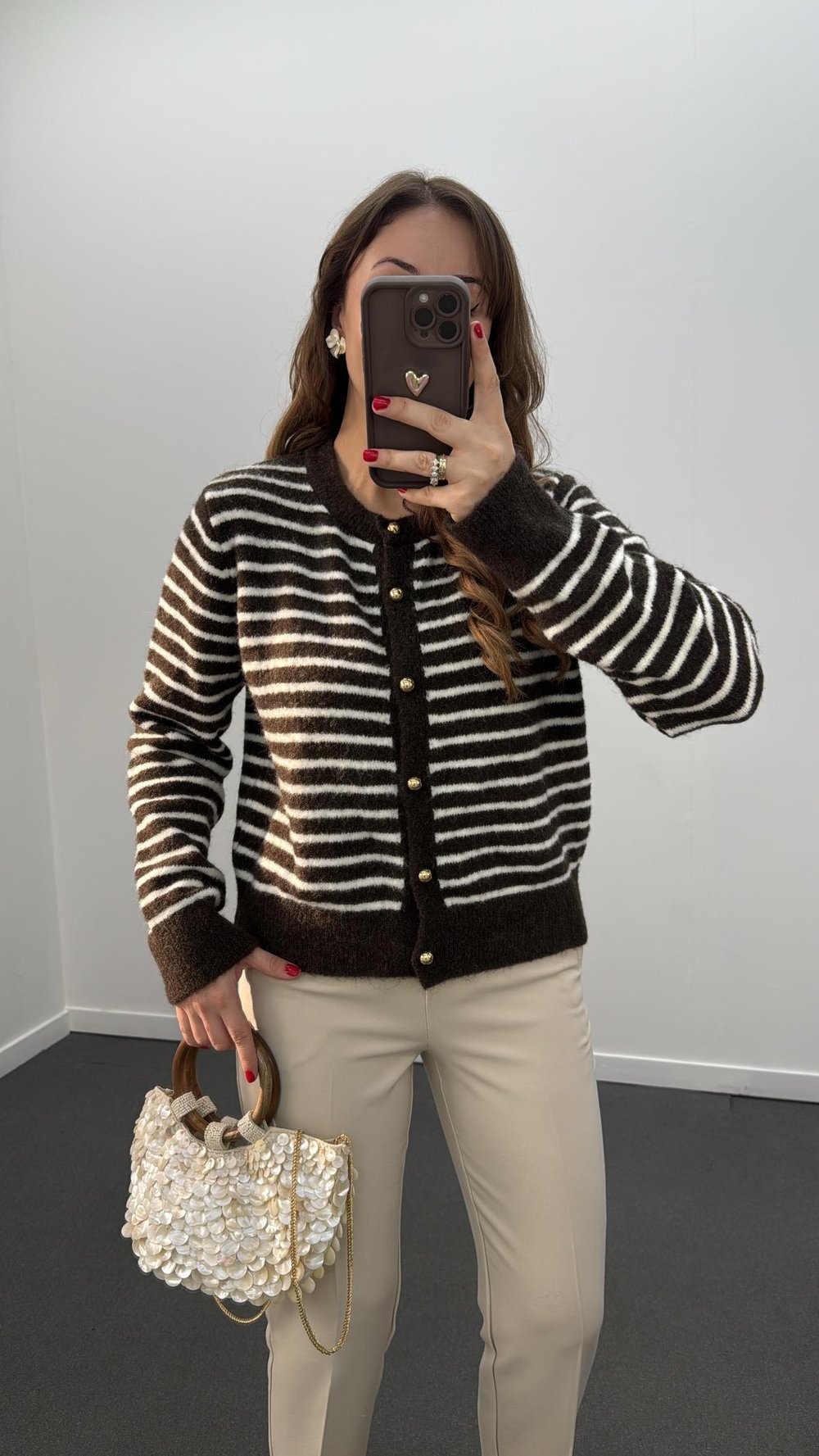 Hilary Kahve Beyaz Çizgili Premium Triko HIrka