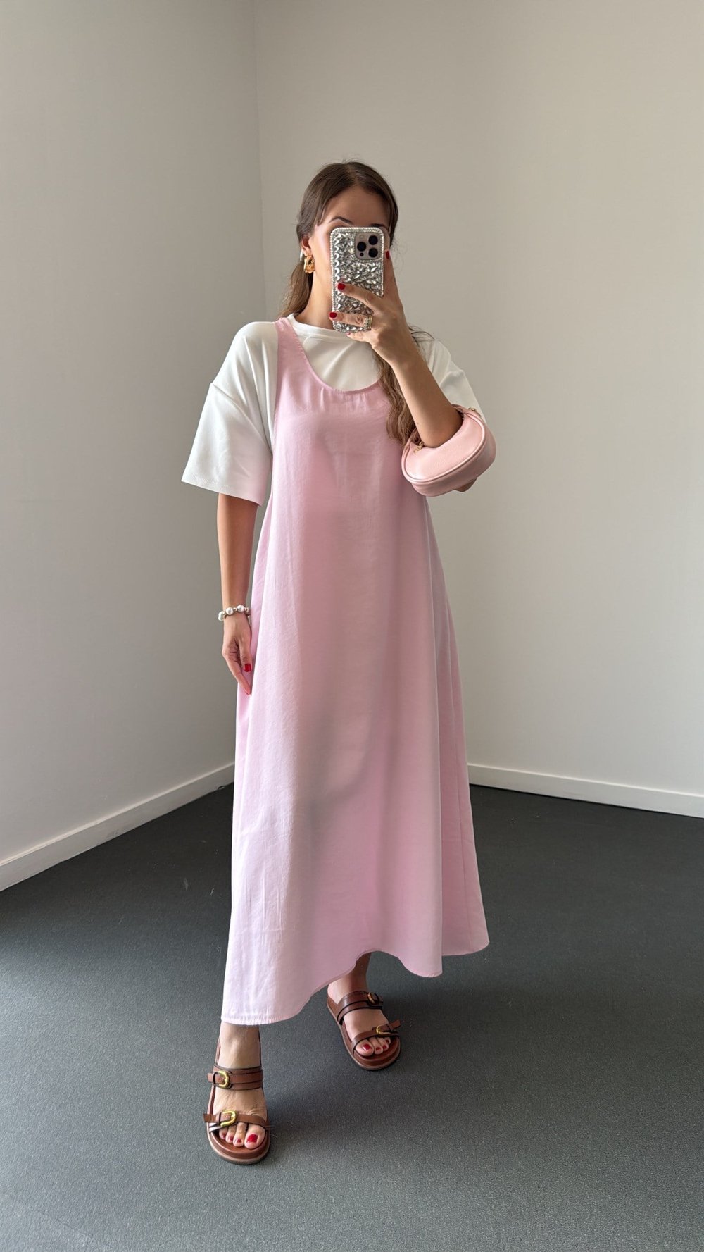 Himari Pembe Tshirt Ve Askılı Modal Elbise Takımı