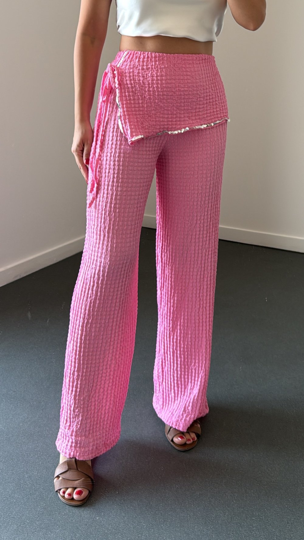 Kaori Pembe Bel Kemerli Bürümcük Kumaş Pantolon