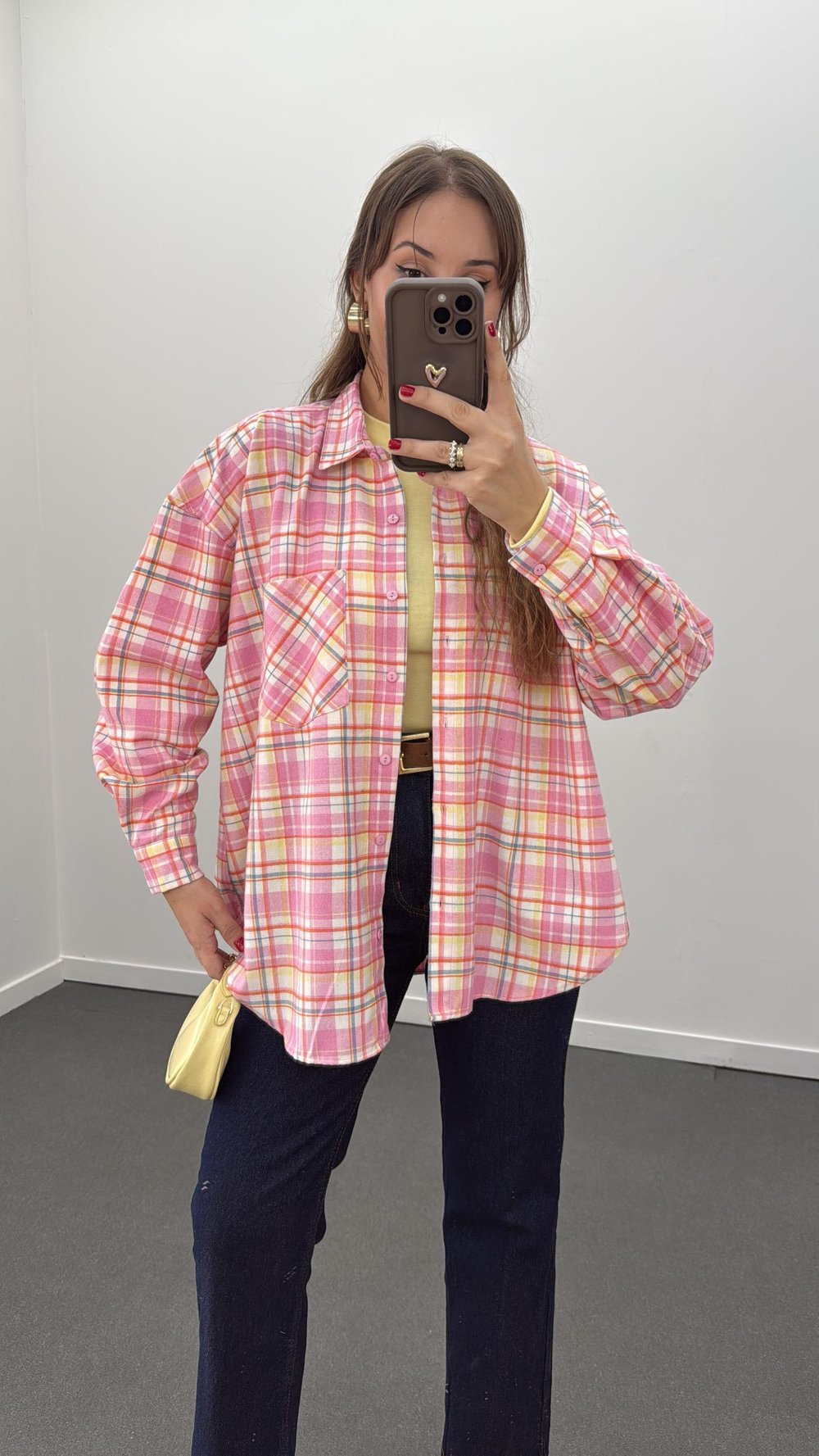 Leona Pembe Sarı Ekoseli Oduncu Gömlek