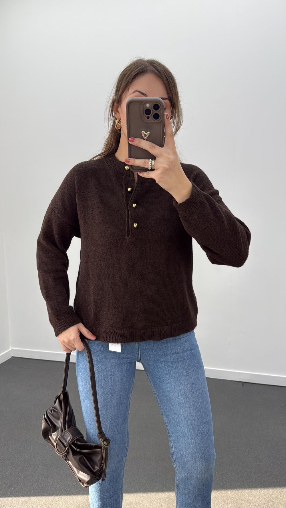 Miku Acı Kahve Gold Düğmeli Premium Triko