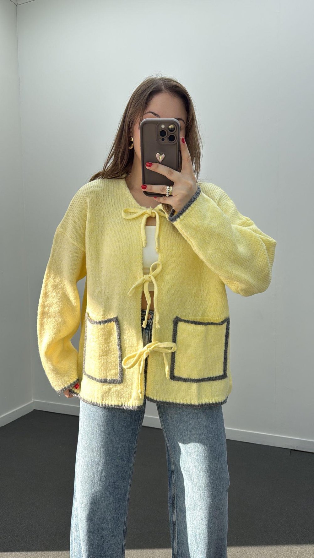 Miranda Sarı Gri Cepli Bağlamalı Triko