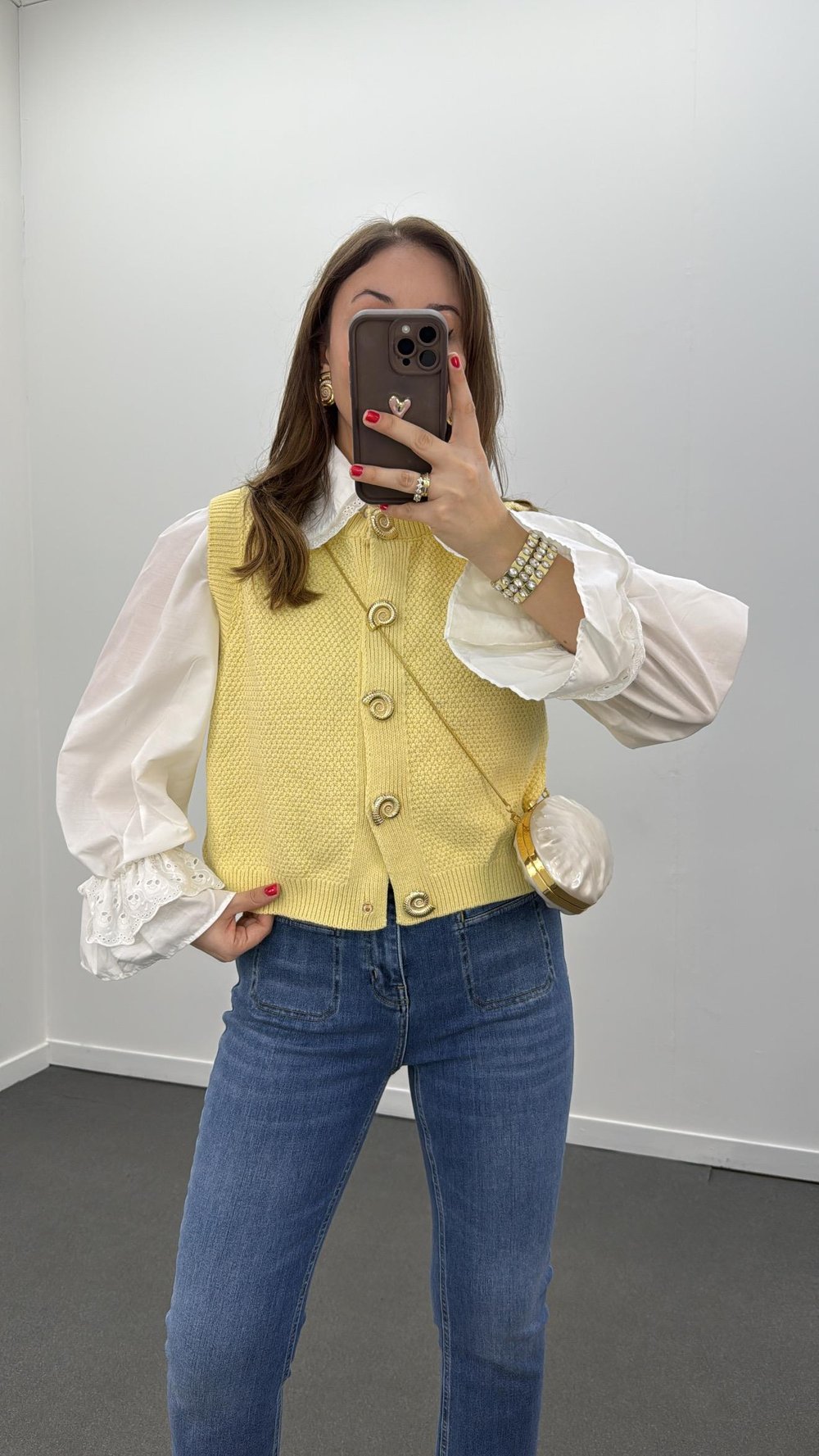 Nerina Sarı Deniz Kabuğu Çıtçıtlı Triko Yelek