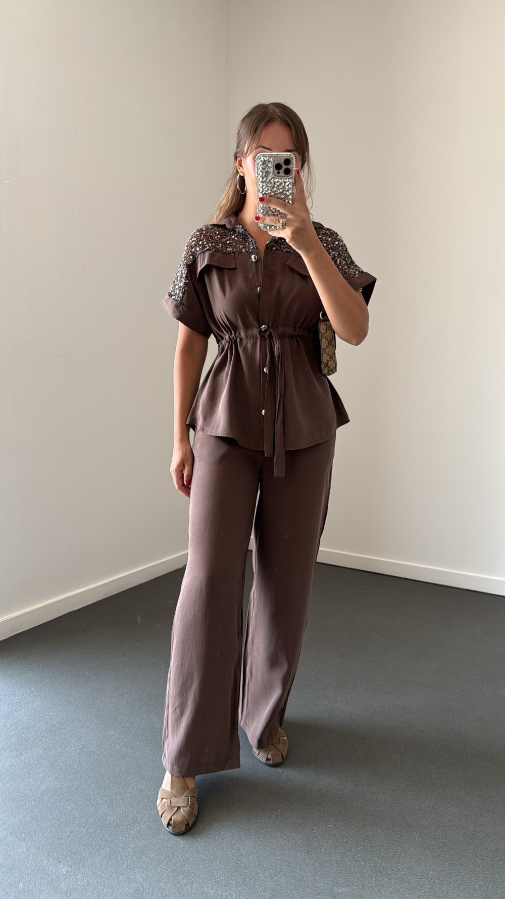 Orlina Kahve Modal Pul Payetli Bluz Ve Pantolon Takımı