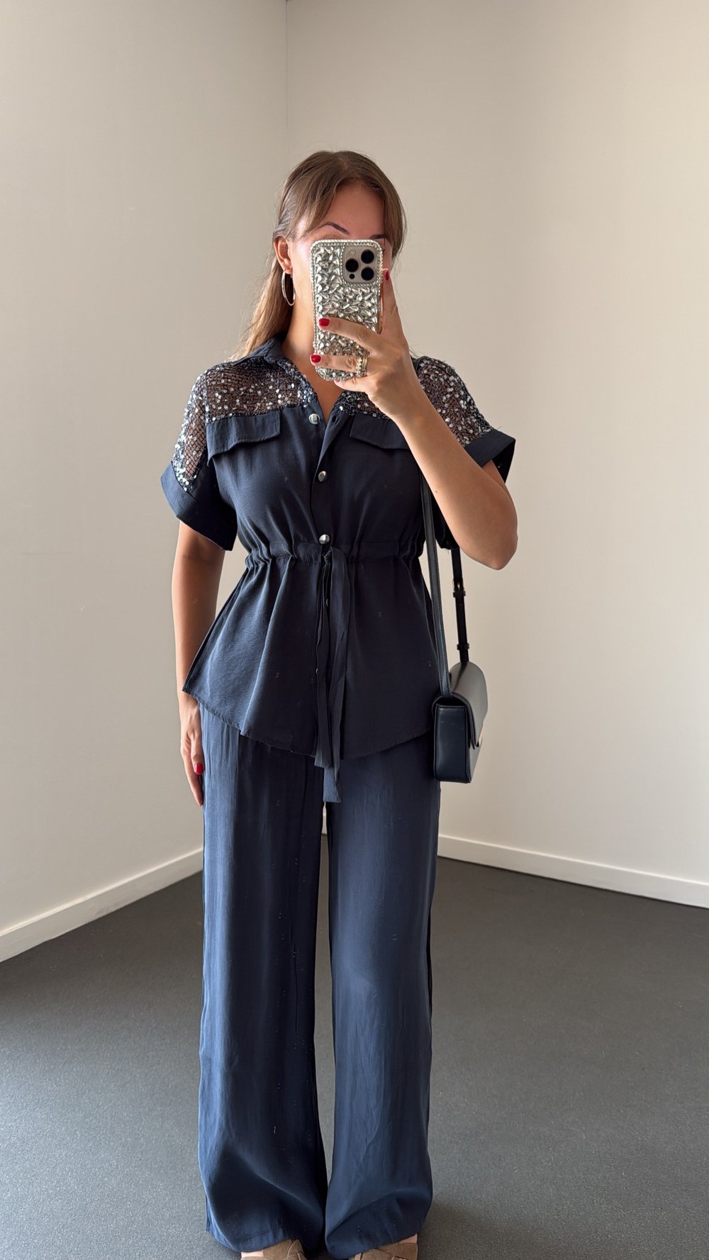 Orlina Lacivert Modal Pul Payetli Bluz Ve Pantolon Takımı