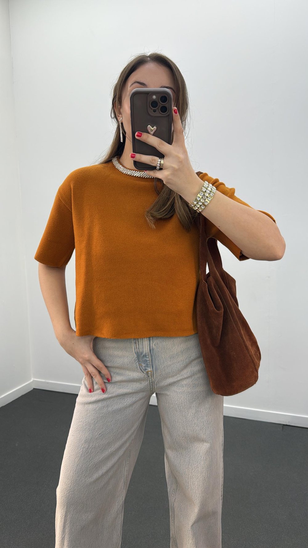 Pante Turuncu Taş Aksesuarlı Yumuşak Triko