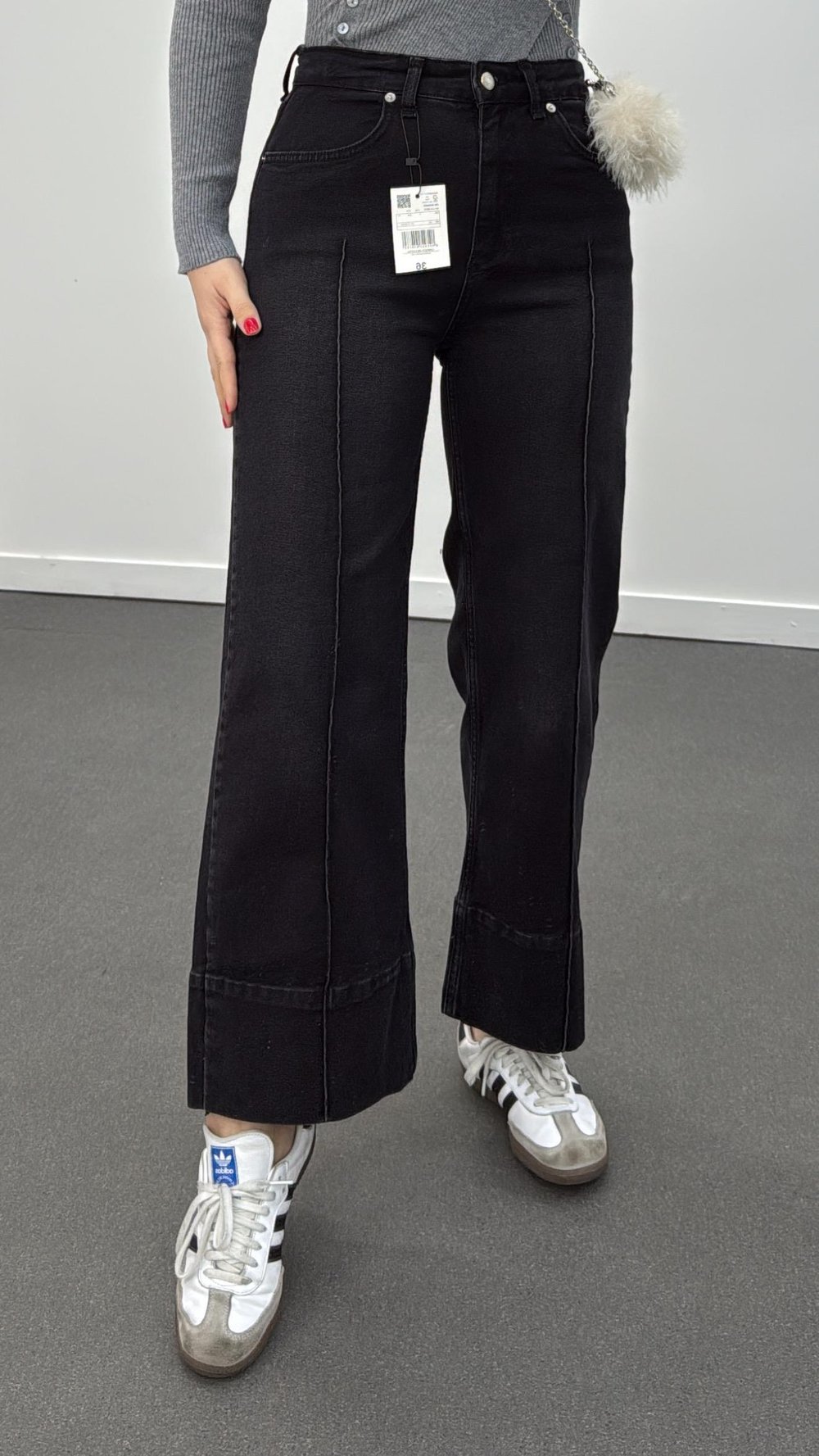 Paris Antrasit Nervür Dikişli Wide Leg Crop Jeans