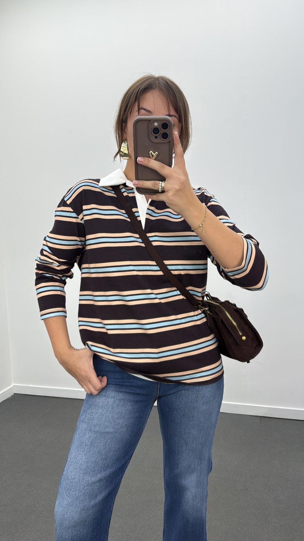 Price Kahverengi Mavi Krem Çizgili Polo Yaka Sweat