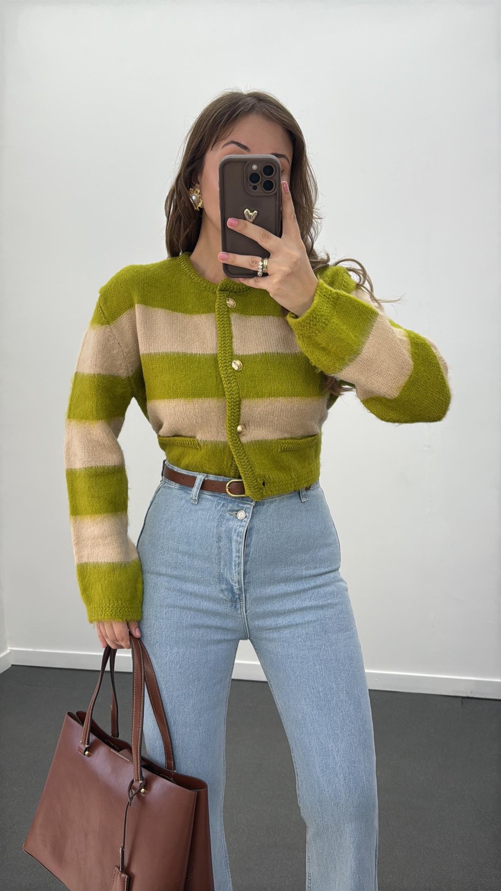 Suare Yeşil Bej Çizgili Gold Düğmeli Premium Hırka