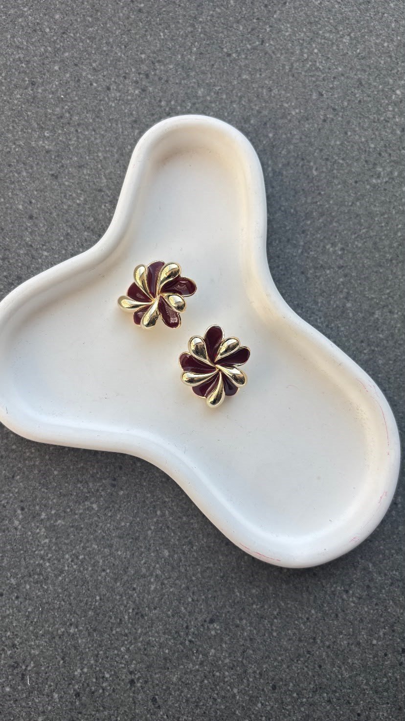 Tasia Bordo Gold Çiçek Küpe