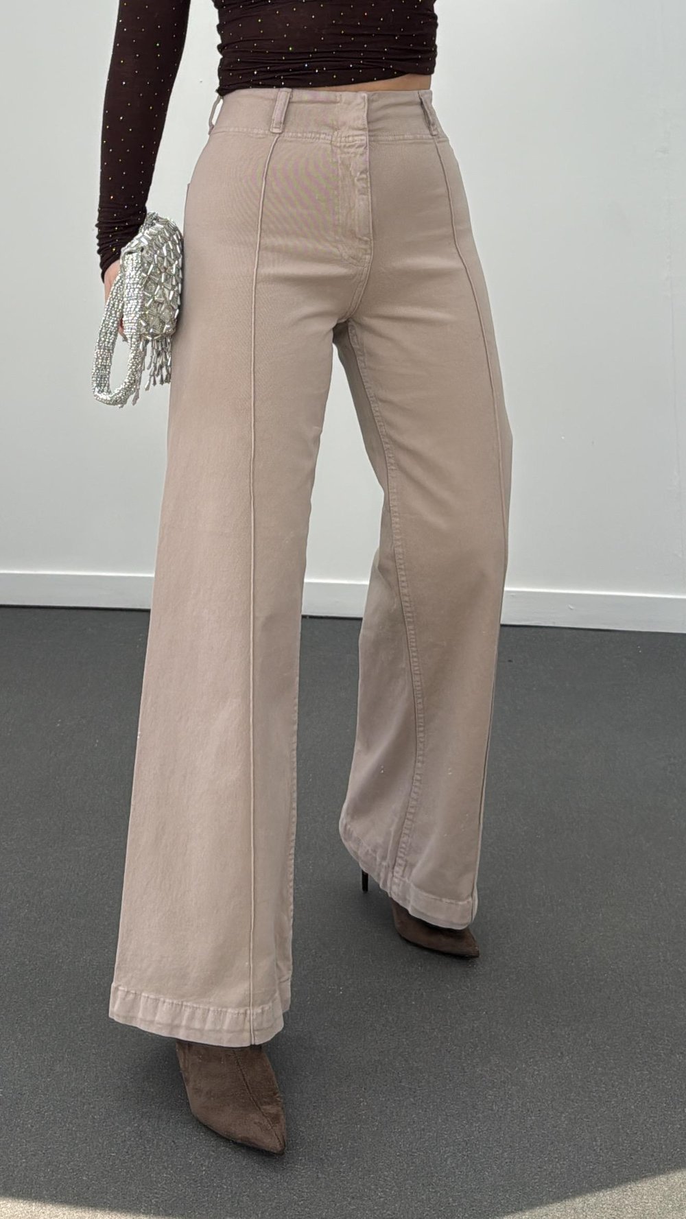 Vivet Açık Vizon Nervür Dikişli Likralı Wide Leg Jeans