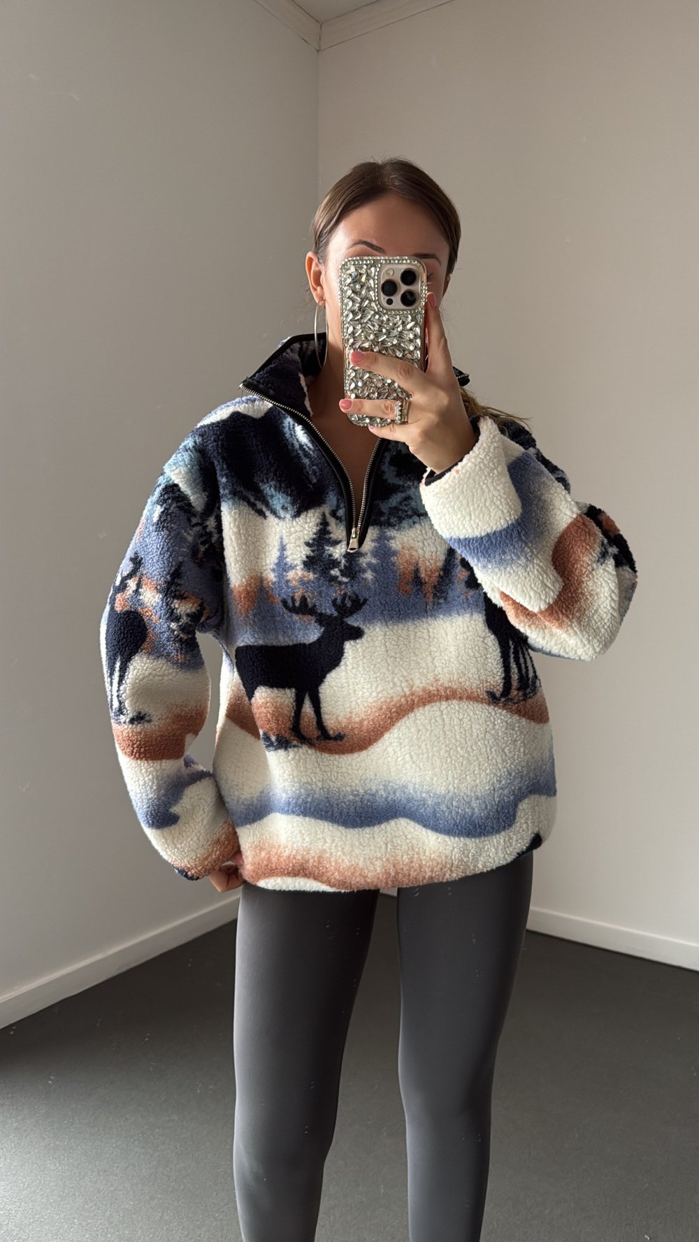 Wildora Mavi-Ekru Desenli Fermuarlı Sweatshirt