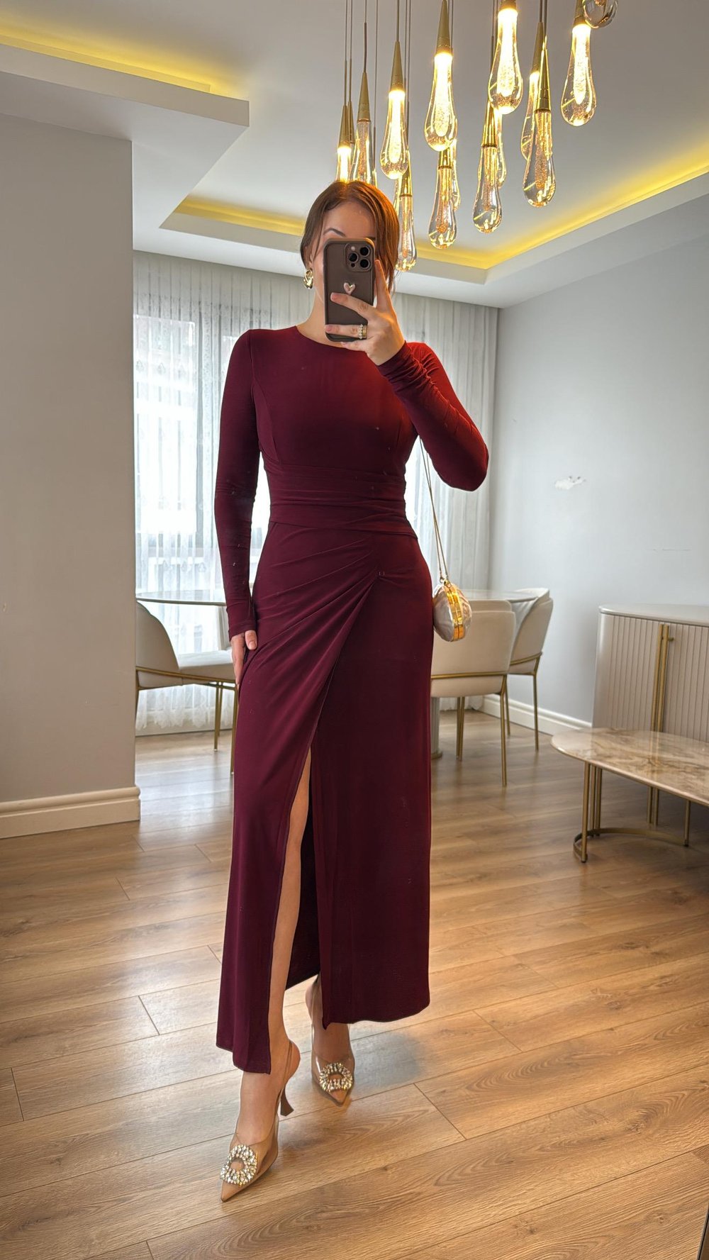 Zafira Bordo Drapeli Maxi Elbise