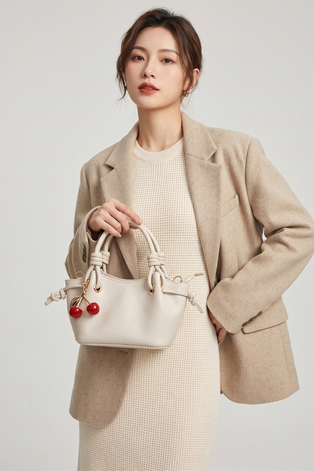 Cherry Charmlı Model Küçük Boy Deri Kadın El ve Omuz Çantası Krem