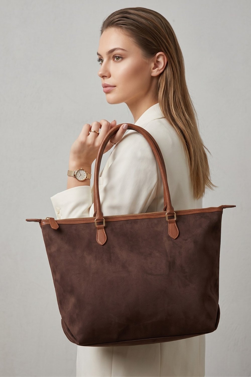 Chic Carry Süet Büyük Boy Kadın Omuz Çanta Acı Kahve