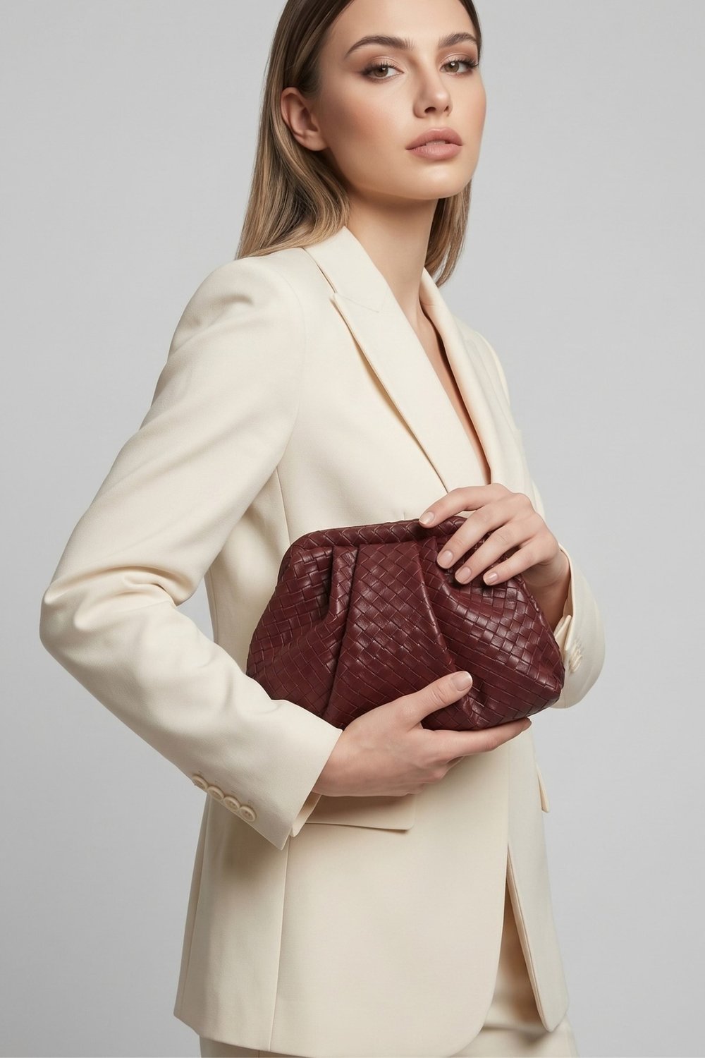 Intreccio Örme Deri Kadın Omuz & Portföy & Clutch Çanta Bordo