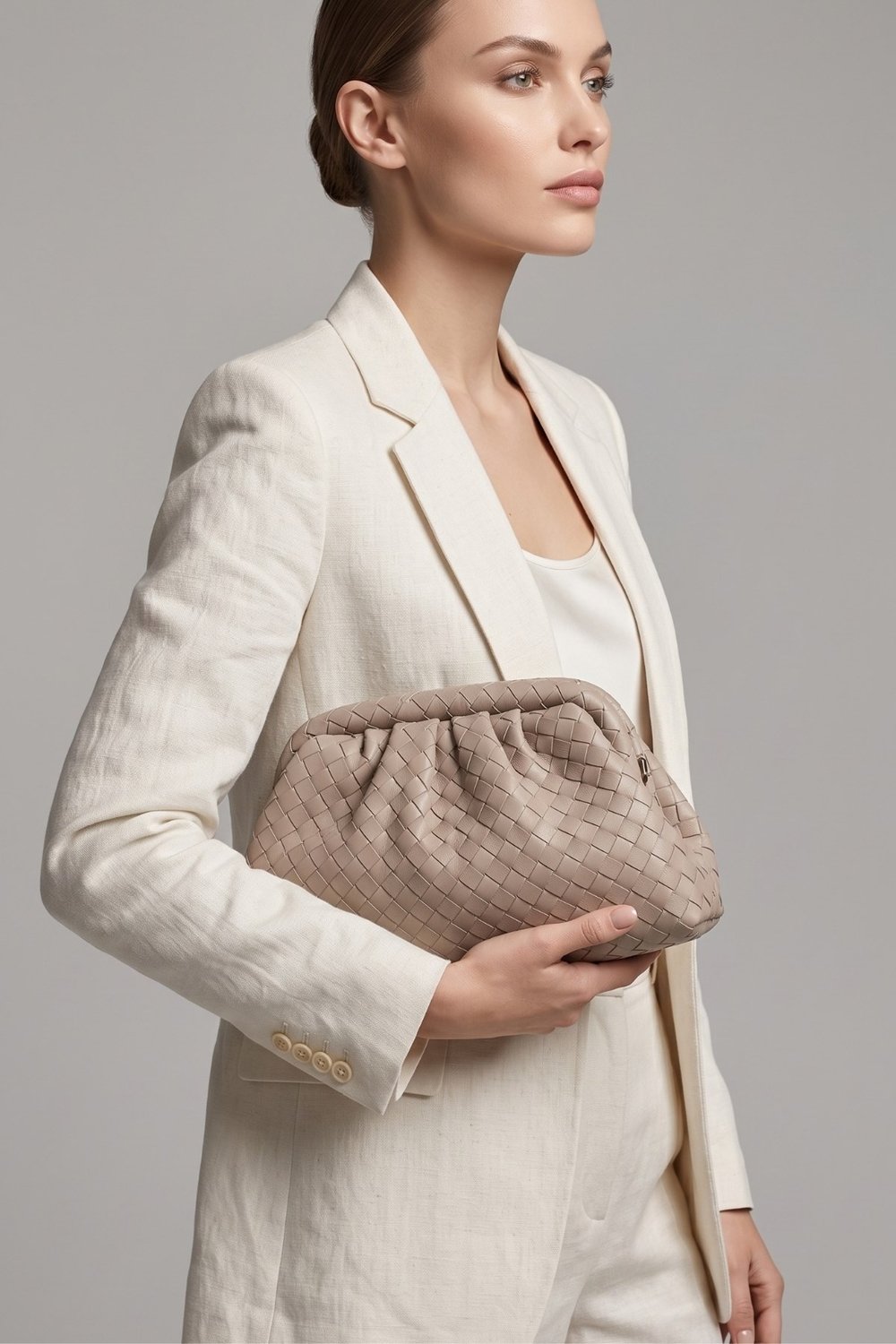Intreccio Örme Deri Kadın Omuz & Portföy & Clutch Çanta Bej