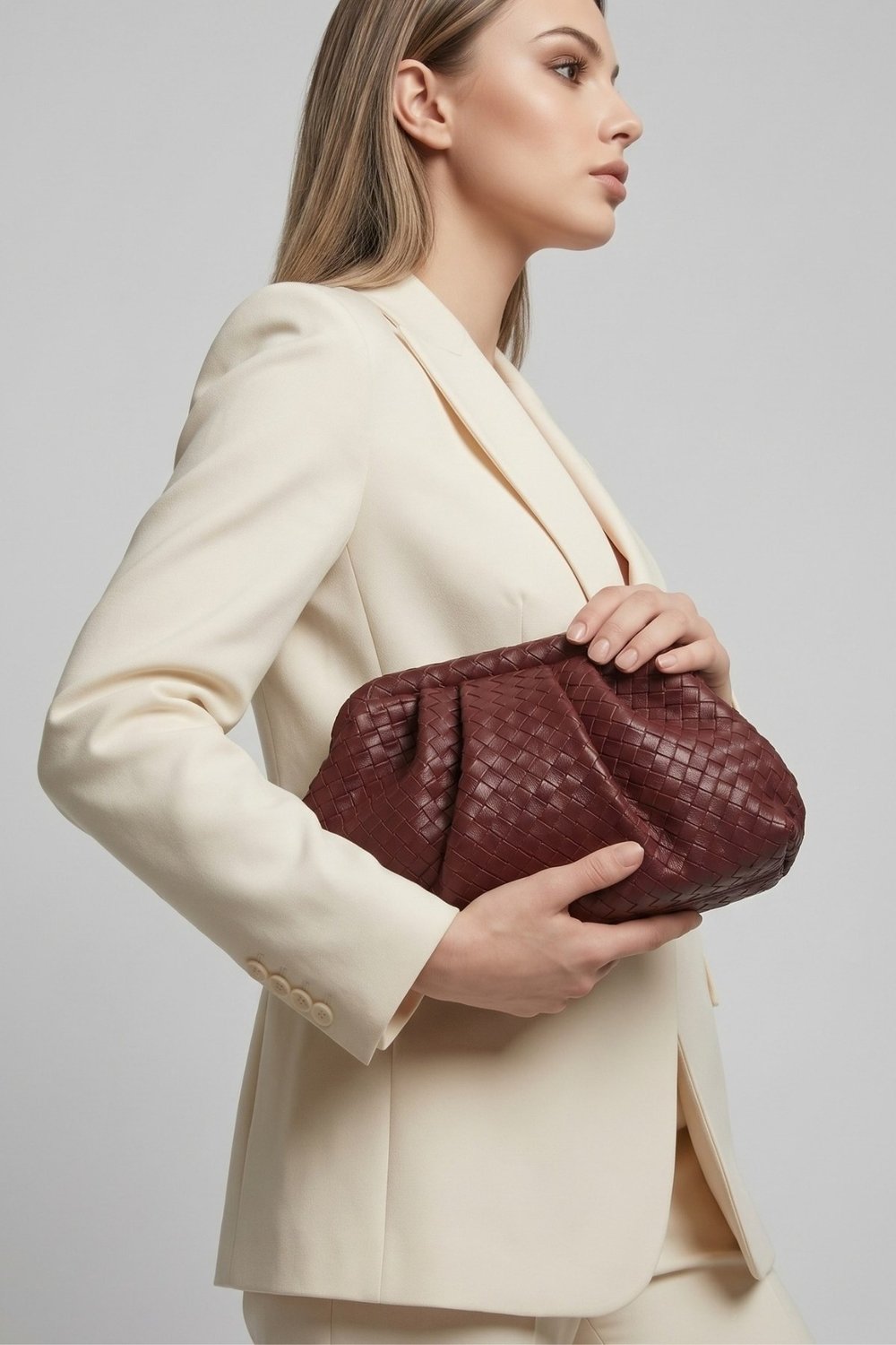 Intreccio Örme Deri Kadın Omuz & Portföy & Clutch Çanta Bordo