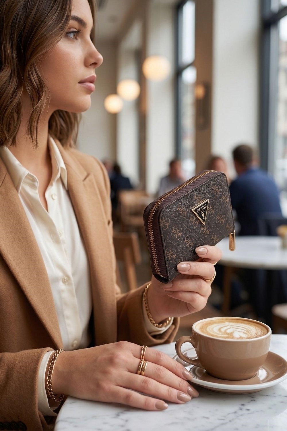 Monogram Desen Kadın Fermuarlı Deri Cüzdan Kahverengi