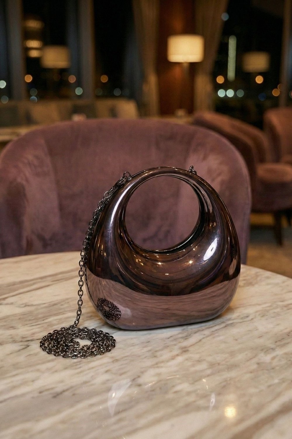 Oval Tutmalı Kadın Abiye Çanta Metalik
