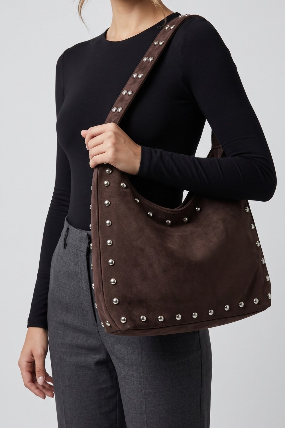 Riva Stud Hobo Süet Kadın El, Omuz Çanta Acı Kahve