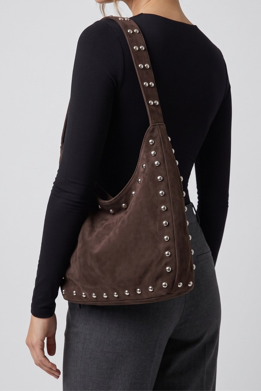 Riva Stud Hobo Süet Kadın El, Omuz Çanta Acı Kahve
