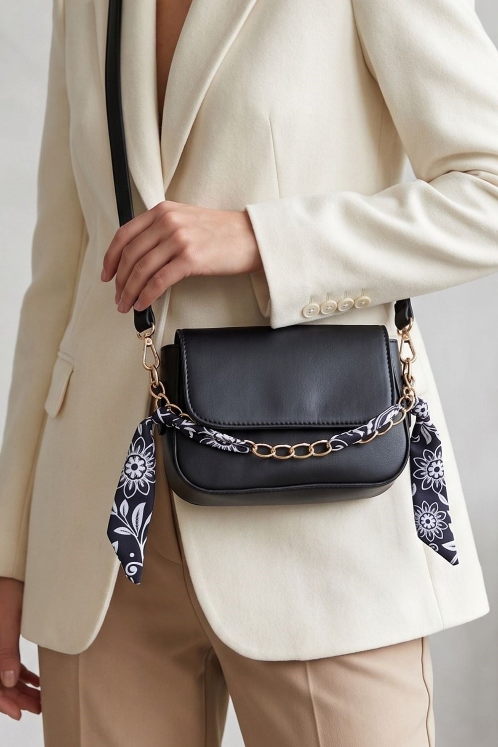 Vivazzaluxe Siyah Silk & Chain Fularlı Mini Deri Kadın Çantası MİNİ ÇANTALAR