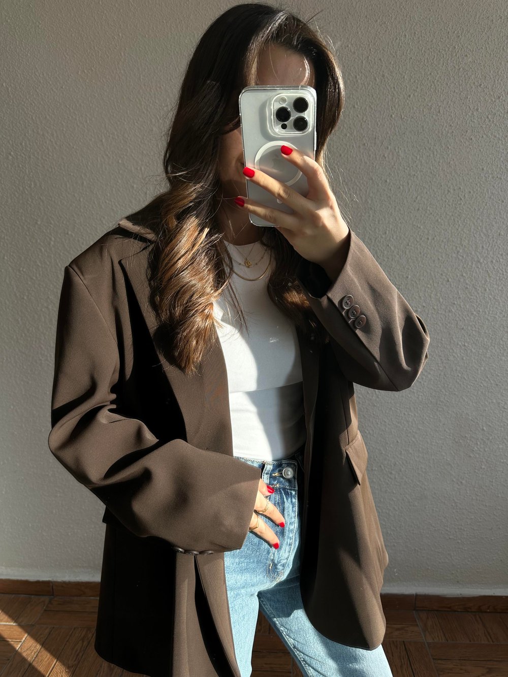 Süs Cepli Oversize Blazer Ceket-Kahverengi