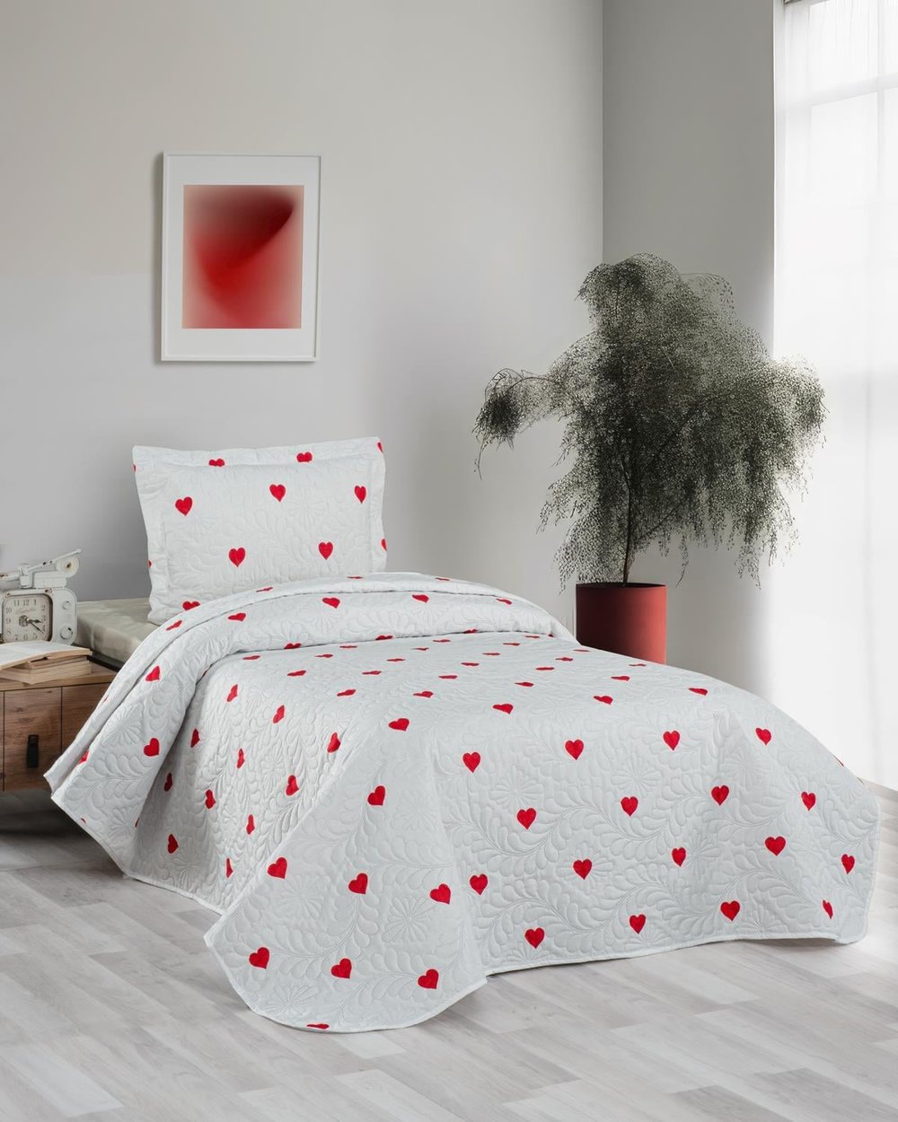 Love Tek Kişilik Kalpli Yatak Örtüsü 2 Parça / 180x230 Cm