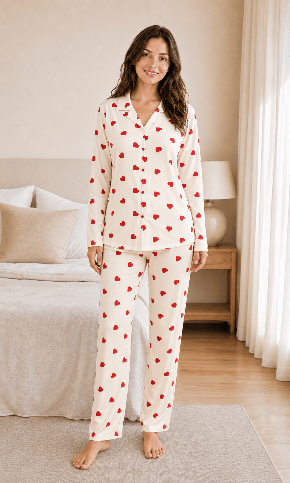 Amora Kırmızı Kalp Desenli Uzun Kollu Milan Kumaş Kadın Pijama Takımı