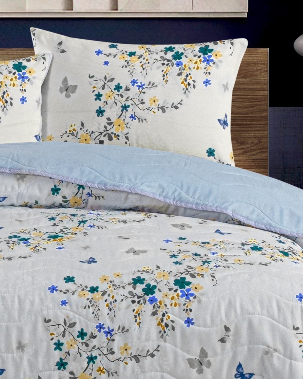 Premium Çift Kişilik Pamuklu Kapitone Çok Amaçlı Pike & Yatak Örtüsü Çiçek Bahçesi Mavi