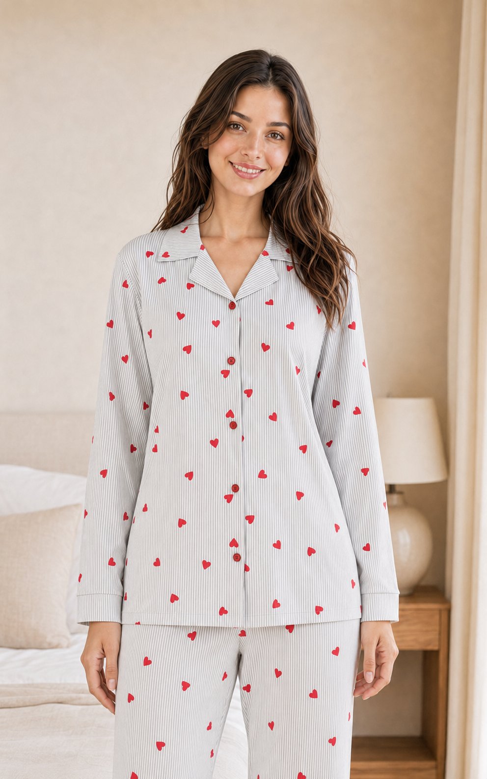 Linea Kalp ve Çizgi Desenli Uzun Kollu Milan Kumaş Kadın Pijama Takımı