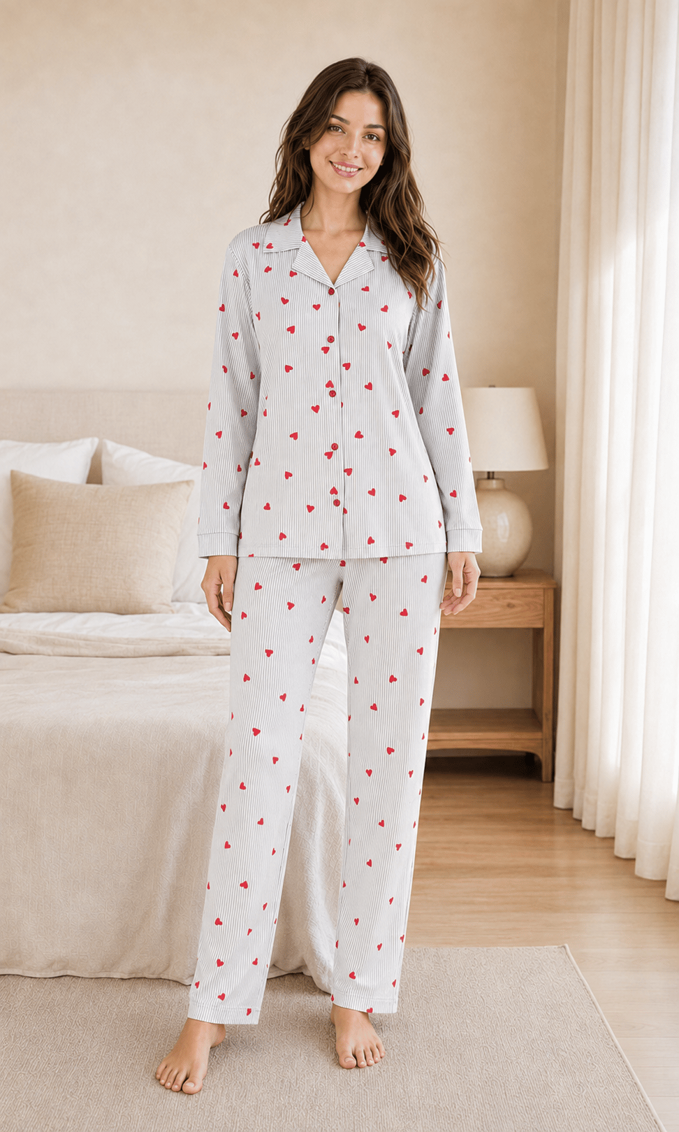 Linea Kalp ve Çizgi Desenli Uzun Kollu Milan Kumaş Kadın Pijama Takımı