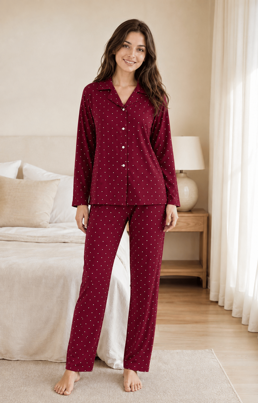 Vera Bordo Puantiyeli Uzun Kollu Milan Kumaş Kadın Pijama Takımı