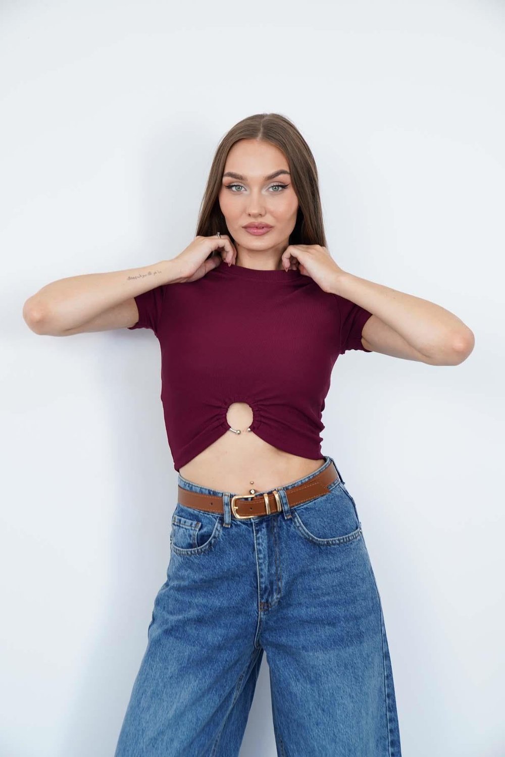 Bisiklet Yaka Piercingli T-Shirt Bordo