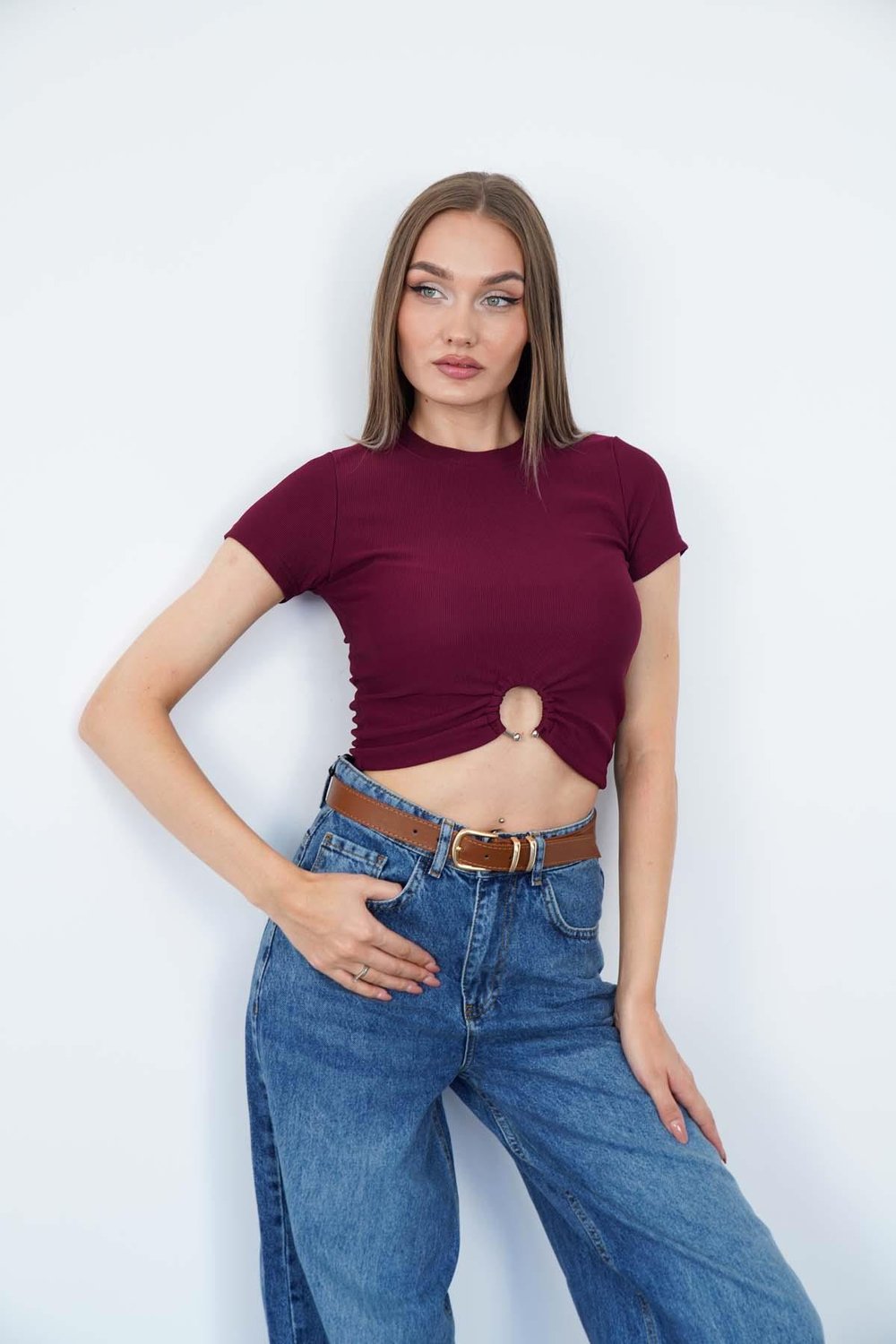 Bisiklet Yaka Piercingli T-Shirt Bordo