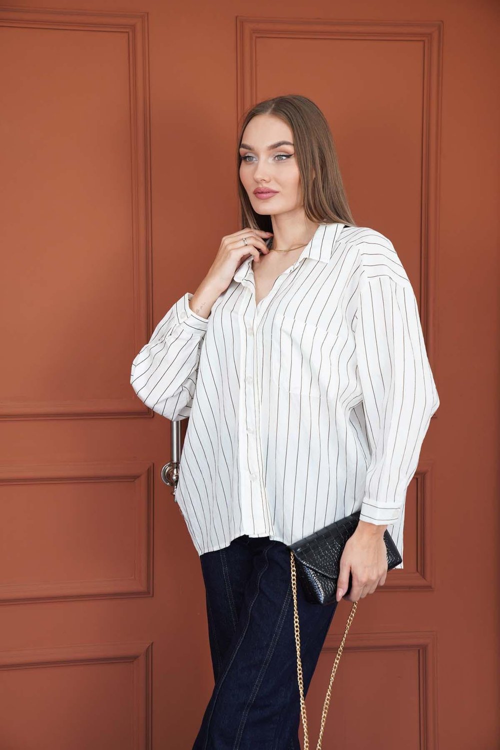 Çizgili Oversize Gömlek Beyaz