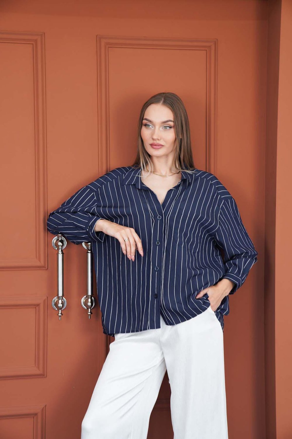 Çizgili Oversize Gömlek Lacivert