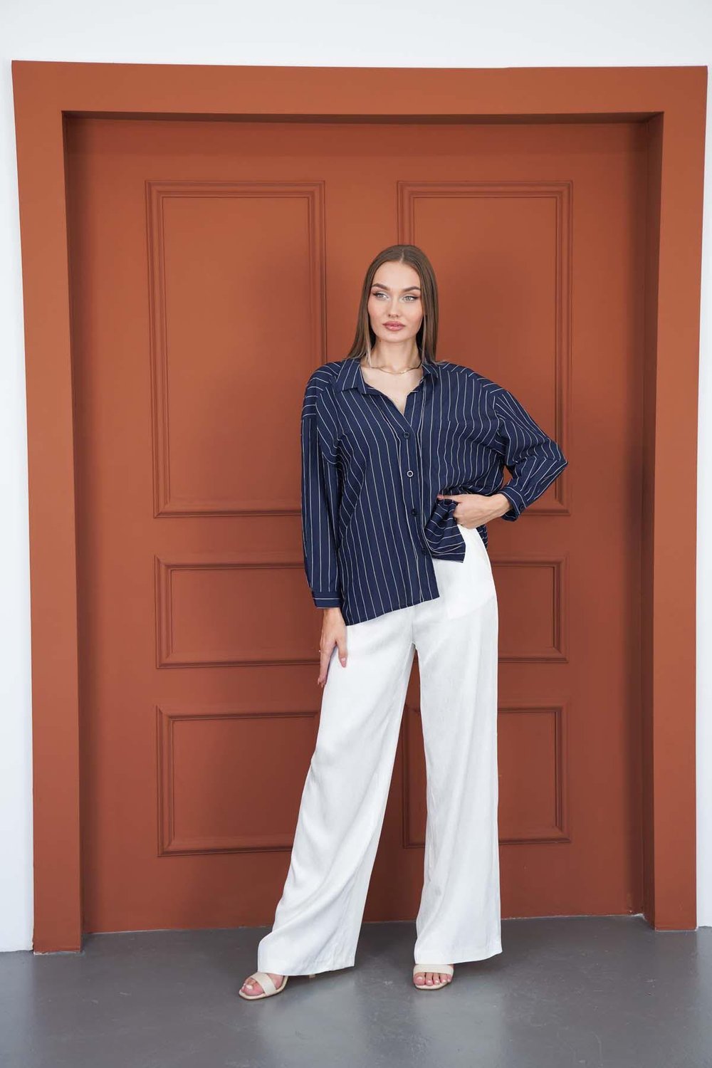 Çizgili Oversize Gömlek Lacivert