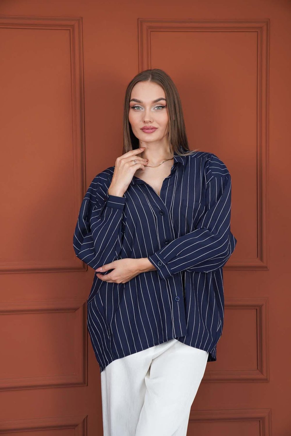 Çizgili Oversize Gömlek Lacivert
