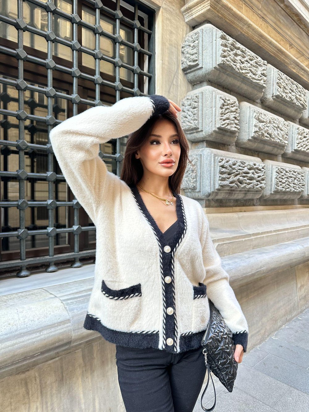 Premium Cepli Peluş Hırka Krem