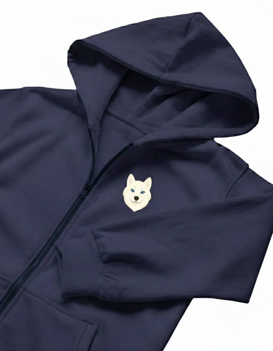 Erkek Beyaz Husky Baskılı Oversize Fermuarlı Hoodie