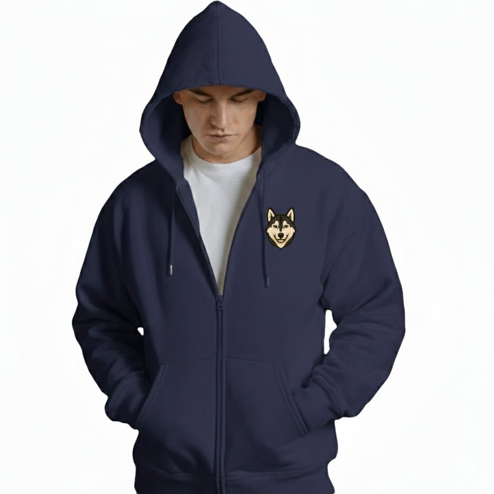 Erkek Husky Baskılı Oversize Fermuarlı Hoodie