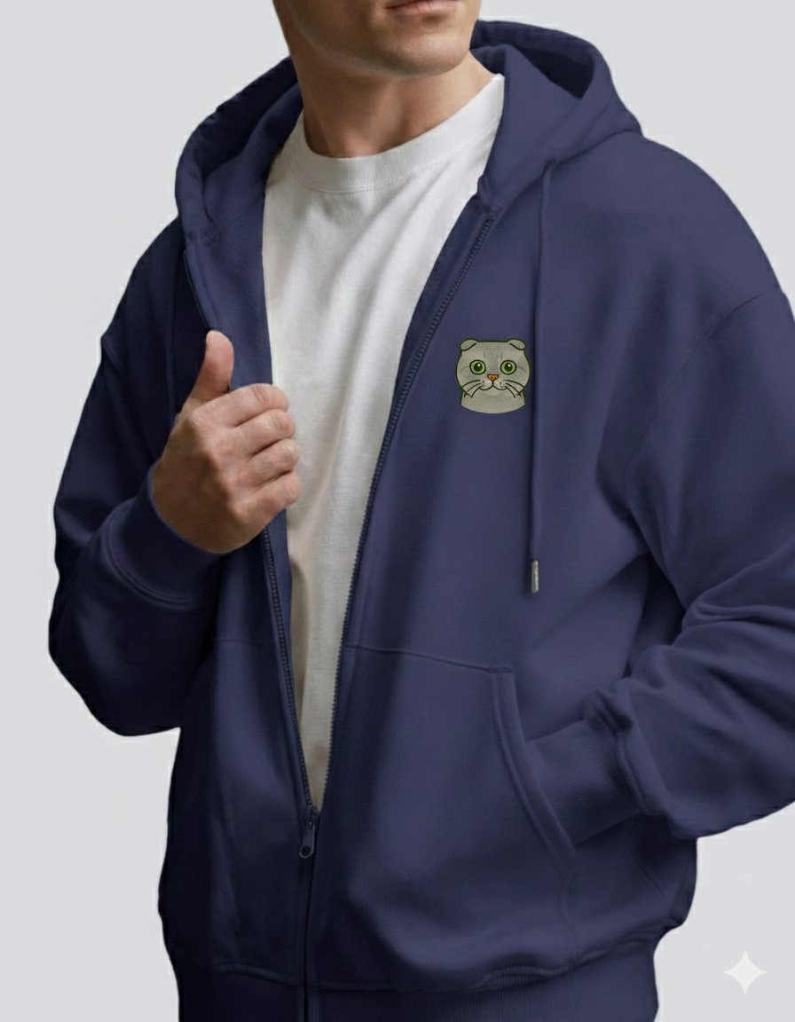 Erkek Scottish Fold Baskılı Oversize Fermuarlı Hoodie