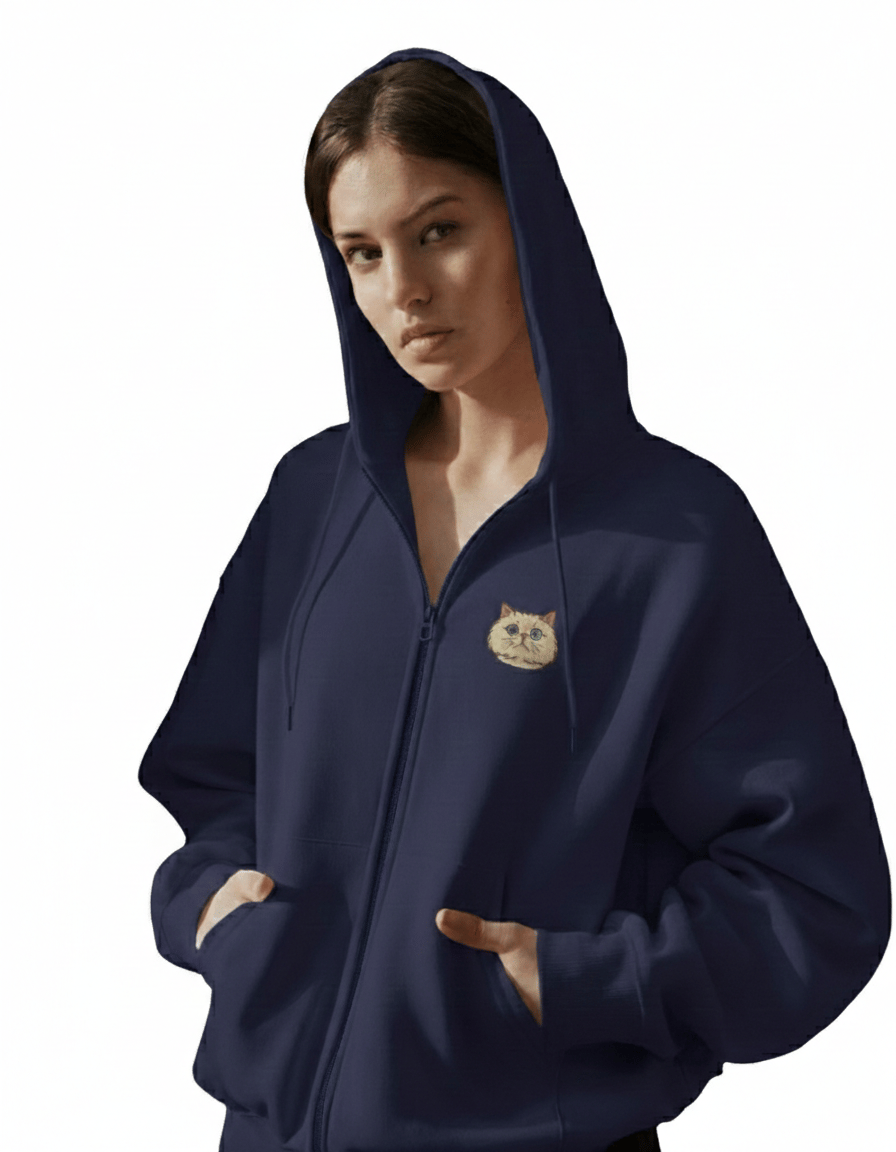 Kadın Persian (İran Kedisi) Baskılı Tam Boy Fermuarlı Oversize Hoodie