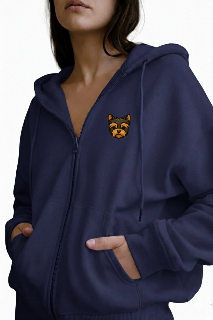Kadın Yorkshire Terrier Baskılı Oversize Fermuarlı Hoodie
