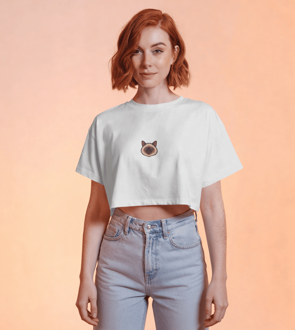 Minimal Siyam Kedi Baskılı Beyaz Crop Tişört Kadın Rahat Kalıp
