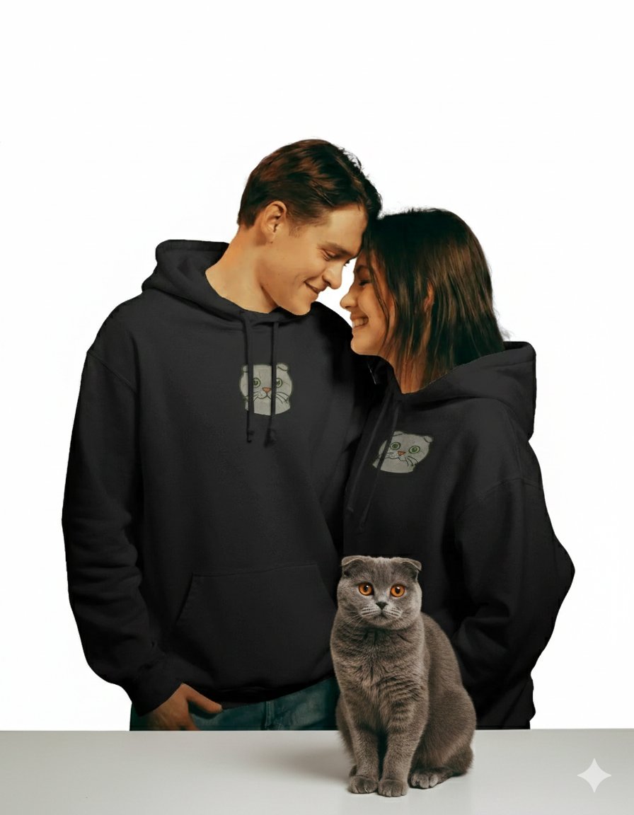 Sevgililer Günü İsme Özel Scottish Fold Kedi Figürlü Çift Hoodie Kombini