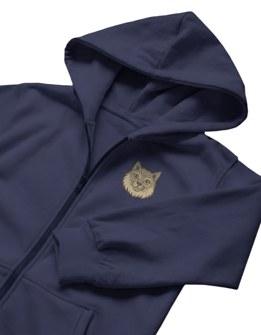 Sibirya Kedisi Baskılı Fermuarlı Kapüşonlu Hoodie – Unisex Oversize